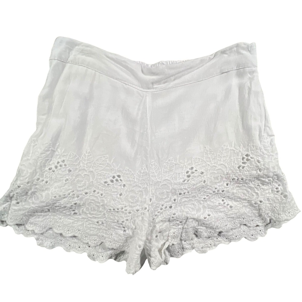 Sim & Sam Eyelet Lace Shorts Womens S White Floral Scalloped Hem Elastic Waist
